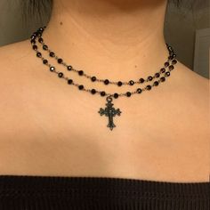 black beaded cross layered necklace